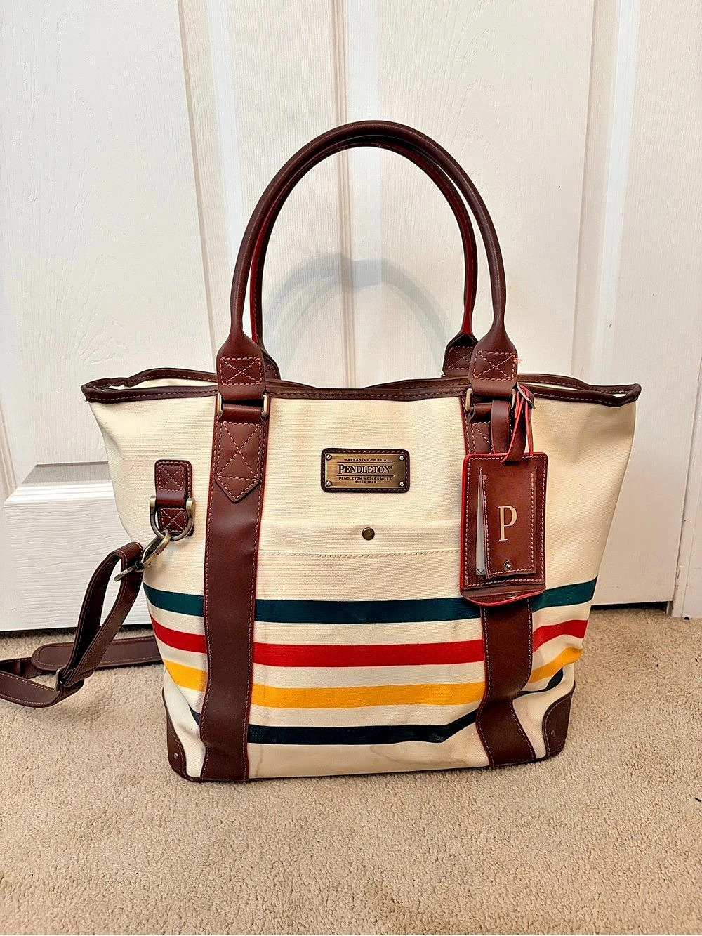 Pendleton Glacier Stripe Long Canvas Weekender Tote Cream & Brown